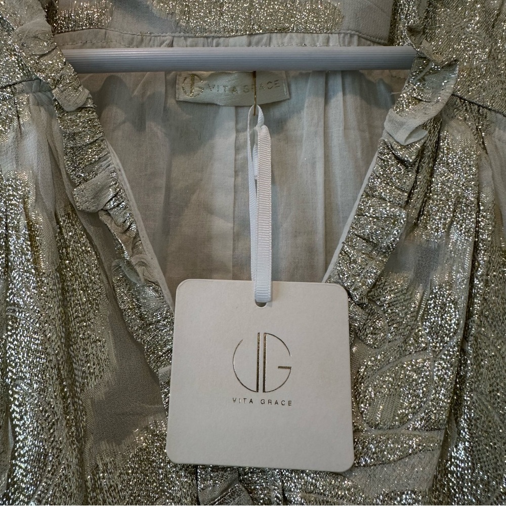 Vita Grace Marcella Lurex Tie Waist Dress Metallic Gold Bridal White Wedding - Picture 2 of 11